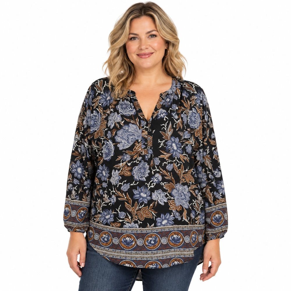Lucky Brand Navy Blue Floral V-Neck High Low Knit Top Shirt Blouse Boho sz L